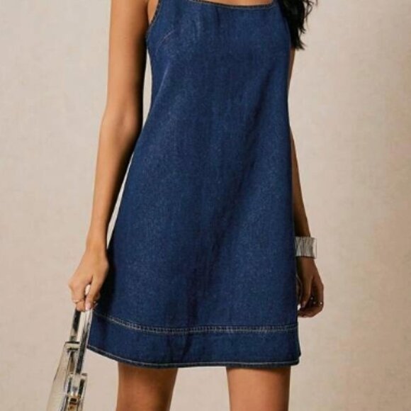 Poeselle Dresses & Skirts - Backless Tie Denim Mini Dress – Sleeveless A-Line